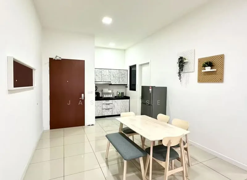 Dining features: white painted walls, tile flooring, dining table with light wood finish, 4 upholstered dining chairs in light wood, refrigerator, kitchen cabinetry with marble pattern, black countertop, sink, kitchen appliances visible, door to hallway, decorative wall art, wall-mounted plant decor; style: modern.