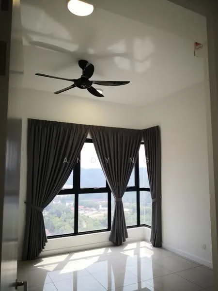 Room features: floor-to-ceiling windows, grey curtains, 5-blade ceiling fan, white painted walls, glossy tile flooring, mountain view, natural light, corner room; style: modern; view: mountain.