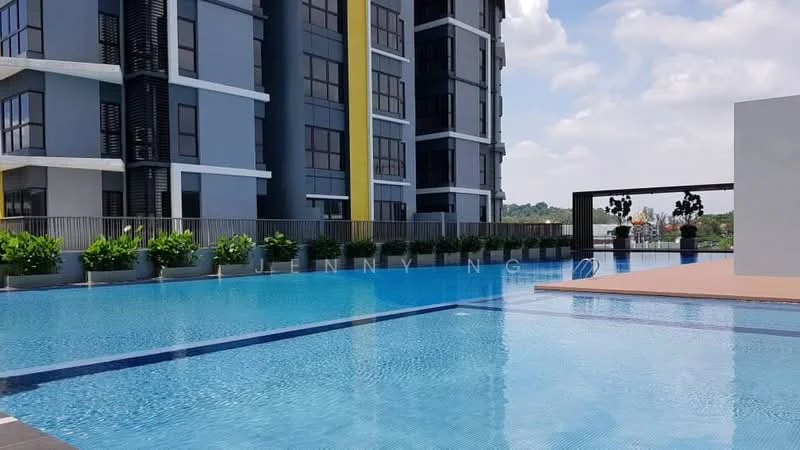 Exterior type: high-rise condominium; features: infinity pool, pool deck with loungers, landscaped planters, glass railing, modern facade, multiple storeys, surrounded by greenery, outdoor art installation; style: modern.