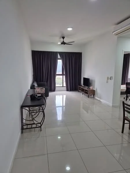 Living features: white painted walls, glossy ceramic tile flooring, 5-blade ceiling fan with light, floor-to-ceiling windows, blackout curtains, TV console, wall-mounted TV, sofa, coffee table, decorative mirror, area rug; style: modern; view: garden.