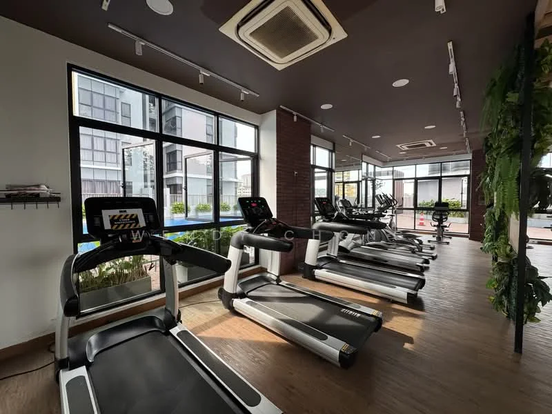 Room features: treadmills, large windows, wooden flooring, air conditioning unit, greenery decor, modern fitness equipment, bright lighting, open layout; style: modern; view: pool.