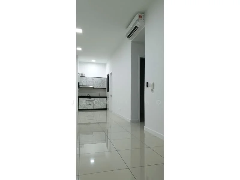 Room features: white painted walls, glossy tile flooring, recessed LED downlights, wall-mounted split AC, kitchen area with cabinets, open layout, neutral color scheme, doorway leading to another room; style: modern.