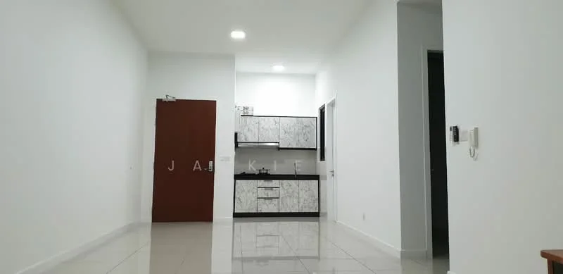 Kitchen features: white painted walls, glossy tile flooring, marble-patterned cabinetry, stainless-steel sink, chrome pull-down faucet, built-in stove, exhaust hood, wall-mounted cabinets, countertop space, recessed ceiling lights; style: modern. Room features: white painted walls, glossy tile flooring, open layout, doorway leading to another room.
