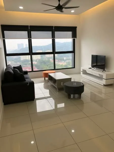 Living features: 3-seater fabric sofa in black, coffee table with white top, TV console in white, wall-mounted TV, floor-to-ceiling windows, roller blinds, polished ceramic tile flooring, ceiling fan with light, decorative wall lighting, city view; style: modern; view: city.