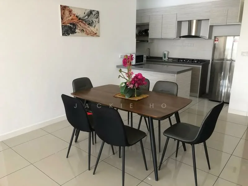 Dining features: 6-seater dining table, wooden tabletop, black dining chairs, white walls, glossy tile flooring, kitchen area visible in background, refrigerator visible, stainless-steel appliances, decorative flower arrangement; style: modern.