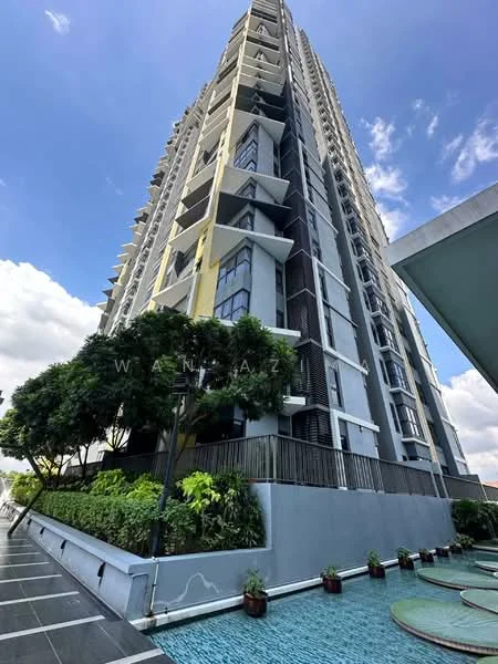 Exterior type: high-rise condominium; features: glass curtain wall, grey painted facade, recessed balconies, vertical fins, manicured landscaping, swimming pool deck, tropical landscaping, paved walkway; style: modern.