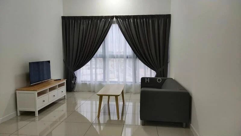 Living features: grey fabric sofa, wooden coffee table, white TV console, flat-screen TV, floor-to-ceiling windows, sheer curtains, blackout curtains, glossy tile flooring, white painted walls, recessed downlights; style: modern; view: city.