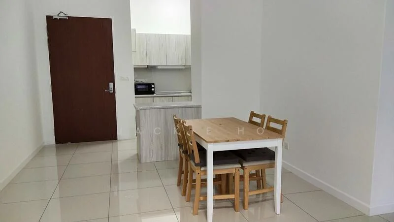 Dining features: white dining table, 4 wooden dining chairs, ceramic tile flooring, white painted walls, kitchen area visible in background, microwave on countertop, kitchen cabinetry, stainless-steel sink, refrigerator visible in kitchen area; style: modern.