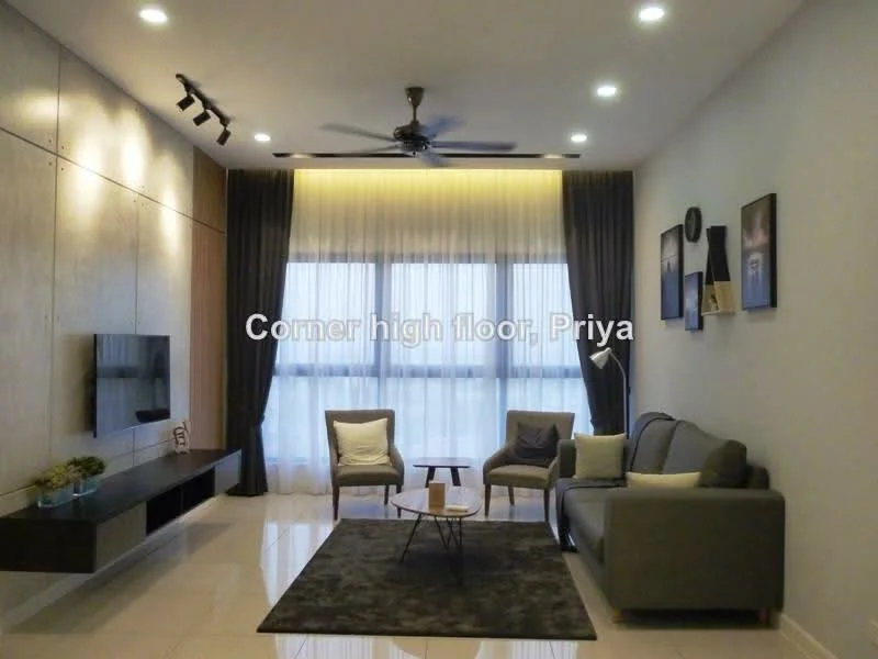 Living features: grey fabric sofa, 2 accent chairs, coffee table, area rug, wall-mounted TV, floating media console, ceiling fan, recessed downlights, curtains, large windows, decorative wall art, light wood paneling, white painted walls, glossy tile flooring; style: modern.
