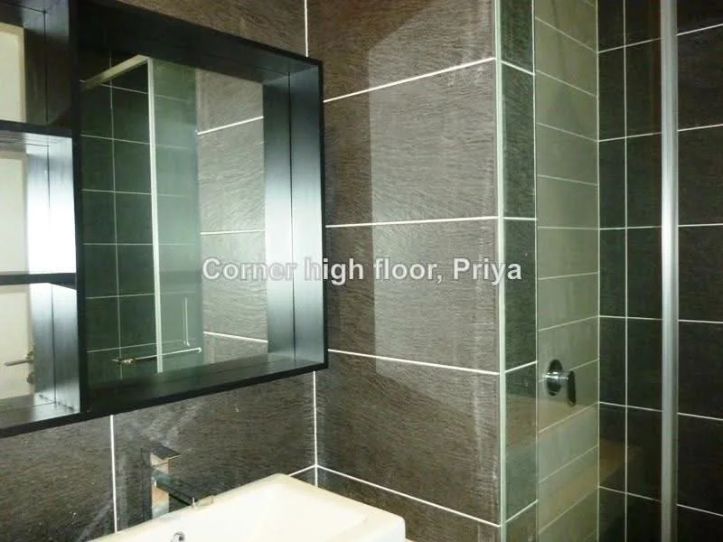 Bathroom features: black tiled walls, grey tiled walls, glass shower enclosure, wall-mounted mirror with black frame, white sink, chrome faucet, recessed lighting, sliding shower door; style: modern.