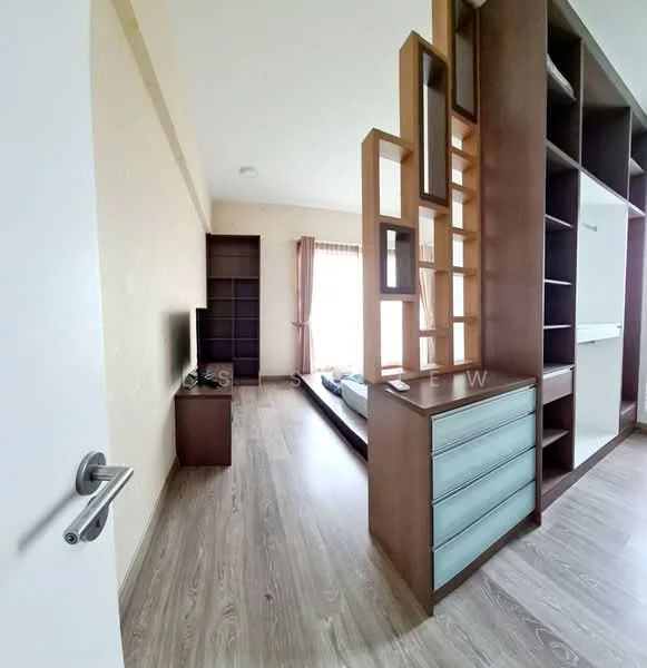 Bedroom features: wooden flooring, light beige painted walls, large window with sheer curtains, built-in wardrobe with sliding doors, chest of drawers with glass front, TV console, bed frame, decorative shelving unit; style: modern.