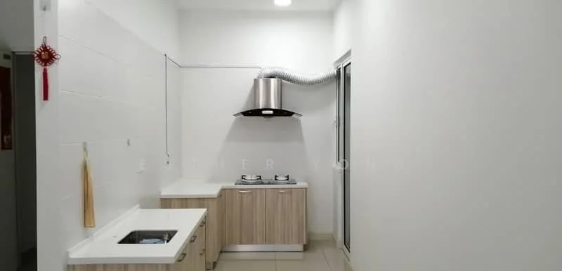 Kitchen features: white painted walls, light-colored cabinetry, stainless-steel range hood, 2-burner gas hob, single-bowl stainless-steel sink, countertop with wood finish, ceramic tile flooring, recessed downlights; style: modern.