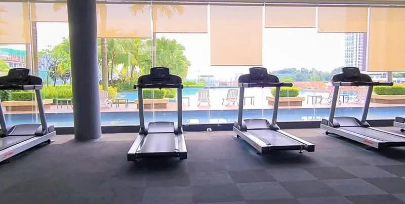 Gym features: treadmills, large windows, carpet flooring, indoor plants, view of outdoor pool, roller blinds, exercise area, seating area outside; style: modern; view: pool.