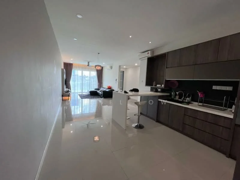 Kitchen features: white cabinets, black countertop, stainless-steel sink, chrome pull-down faucet, built-in oven, freestanding range oven, refrigerator, bar stools, pendant lighting, marble tile flooring, open layout to living area; style: modern. Living features: 3-seater fabric sofa in black, coffee table, TV console, floor-to-ceiling windows, curtains, area rug, recessed downlights, marble tile flooring; style: modern.