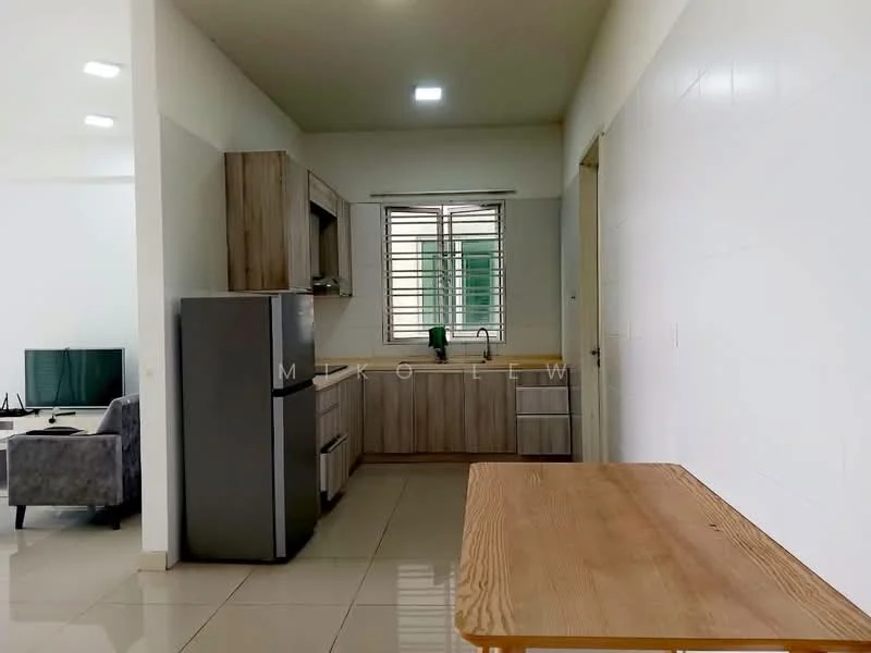 Kitchen features: light wood cabinetry, stainless-steel fridge, built-in oven, single-bowl stainless-steel sink, chrome pull-down faucet, laminate countertop, tile backsplash, white walls, recessed downlights, window with grid pattern, dining table, ceramic tile flooring; style: modern.