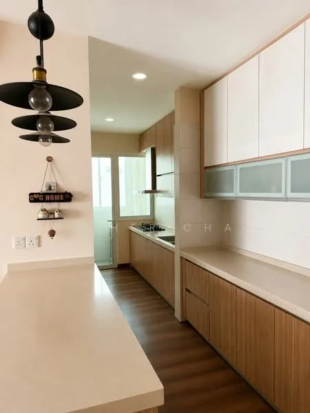 Kitchen features: light wood cabinetry, white upper cabinets, laminate countertop, stainless-steel sink, chrome pull-down faucet, built-in gas hob, oven, window with glass panel, recessed downlights, pendant light fixture, wood laminate flooring; style: modern.