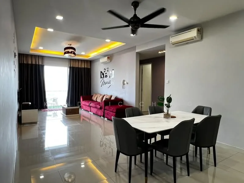 Living features: red fabric sofa, white dining table, black dining chairs, recessed ceiling lights, LED strip lighting, wall-mounted air conditioning unit, floor-to-ceiling windows, curtains, decorative wall art, glossy tile flooring; style: modern; view: city.
