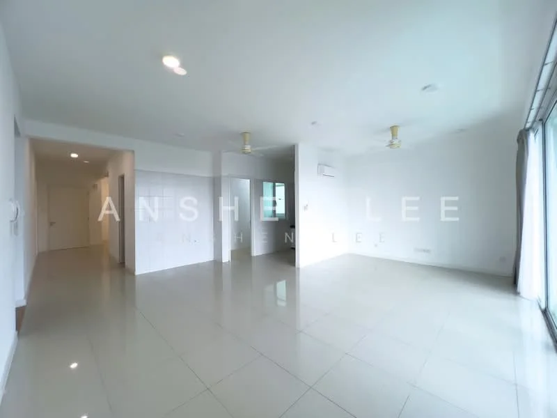 Living features: white painted walls, glossy ceramic tile flooring, 2 ceiling fans, large windows with sheer curtains, open layout, natural light, neutral color scheme, air conditioning unit; style: modern. Room features: white painted walls, glossy ceramic tile flooring, 2 ceiling fans, air conditioning unit.