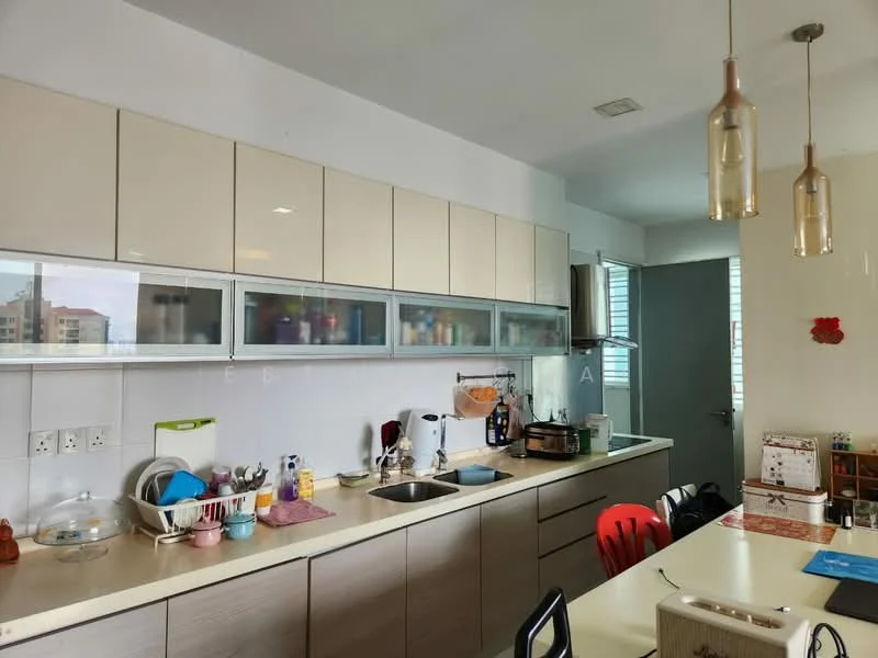 Kitchen features: light wood cabinetry, white countertop, single-bowl stainless-steel sink, chrome pull-down faucet, built-in microwave, freestanding range oven, glass-front upper cabinets, kitchen island with seating, pendant lights, ceramic tile flooring, window with blinds, open shelving, decorative wall art; style: modern.