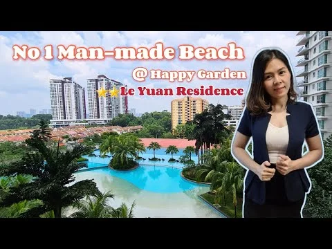 Exterior type: high-rise condominium; features: man-made beach, swimming pool, landscaped gardens, palm trees, water features, surrounding high-rise buildings, outdoor seating areas, lush greenery; style: modern.