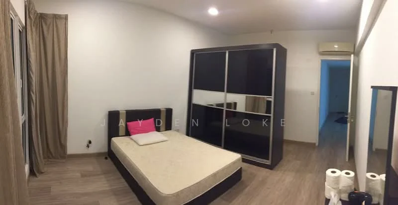 Bedroom features: queen-size bed frame without mattress, black wardrobe with sliding doors, light wood laminate flooring, white painted walls, recessed ceiling lights, wall-mounted air conditioning unit, curtains on window, decorative pink cushion on bed, toilet paper rolls on floor; style: modern.