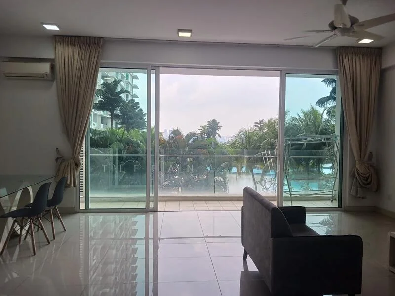 Living features: floor-to-ceiling windows, sliding glass door, white painted walls, polished tile flooring, 5-blade ceiling fan with light, sofa in grey, dining table with chairs, curtains, view of swimming pool and greenery; style: modern; view: pool.