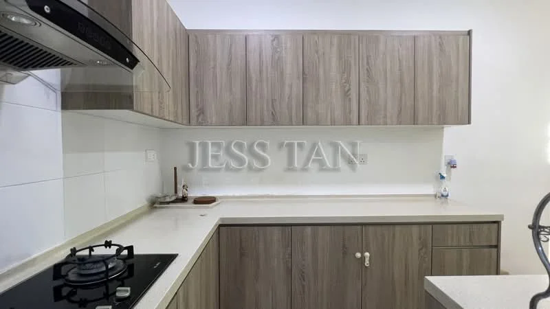 Kitchen features: laminate cabinetry in wood finish, white quartz countertop, built-in gas hob, stainless-steel range hood, white tiled backsplash, single-bowl stainless-steel sink, chrome pull-down faucet, under-cabinet lighting, wall-mounted kitchen storage, neutral wall colour; style: modern.