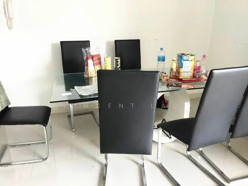 Dining features: glass dining table, black leather dining chairs, chrome legs on chairs, white walls, polished tile flooring, decorative items on table, water bottle on table, snack items on table; style: modern.