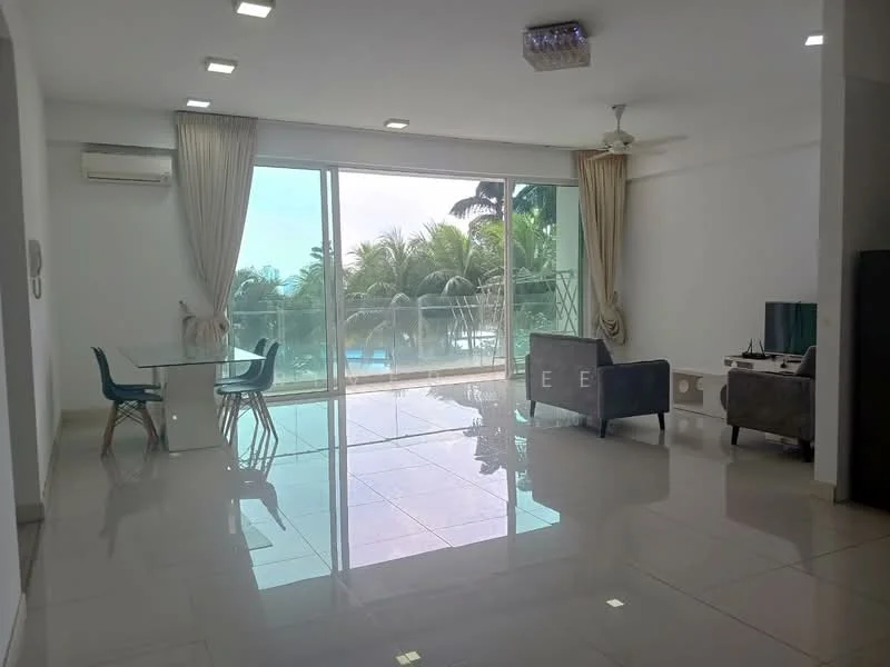 Living features: large floor-to-ceiling windows, sliding glass door, cream painted walls, white ceiling with recessed downlights, polished ceramic tile flooring, 5-blade ceiling fan, sofa in grey fabric, TV console, coffee table, dining table with glass top and metal legs, decorative curtains, air conditioning unit; style: modern; view: pool.