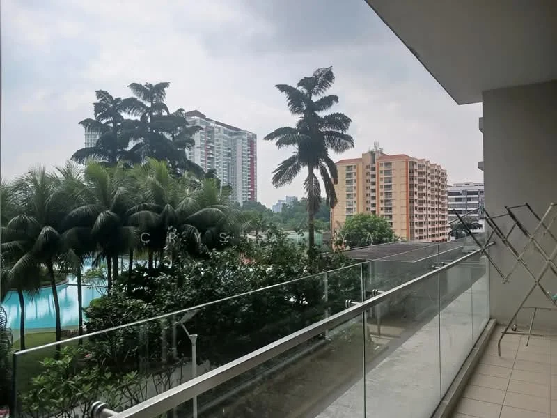 Room features: glass balcony railing, tiled flooring, outdoor space, view of swimming pool, view of palm trees, view of city buildings, partially cloudy sky; style: modern; view: pool.