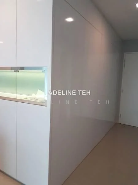 Room features: glossy white cabinetry, smooth wall surface, neutral tile flooring, recessed lighting, glass panel with backlighting; style: modern.