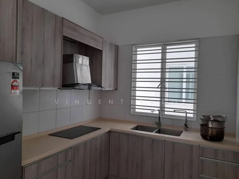 Kitchen features: grey wood cabinetry, light-colored countertop, stainless-steel sink, chrome pull-down faucet, built-in oven, stainless-steel range hood, ceramic tile backsplash, sliding window with metal grills, induction cooktop, refrigerator, stainless-steel pots; style: modern.
