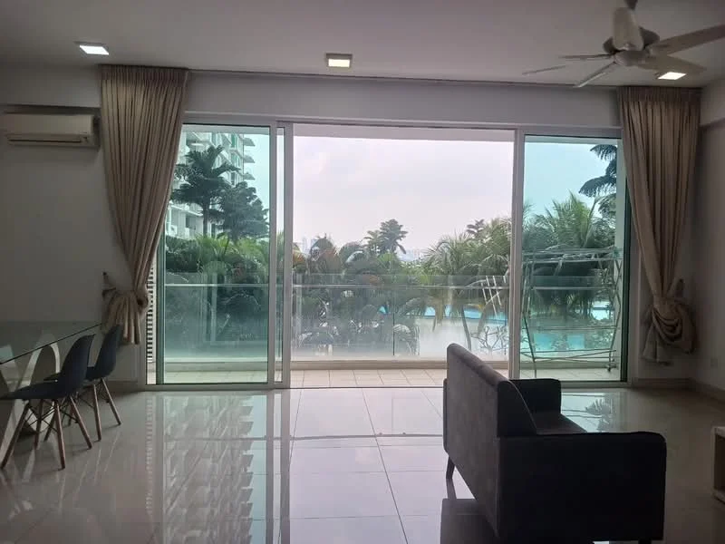 Living features: floor-to-ceiling sliding glass door, 5-blade ceiling fan with light, cream painted walls, white tiled flooring, sofa in grey, dining table with chairs, curtains, view of swimming pool and landscaping; style: modern; view: pool.