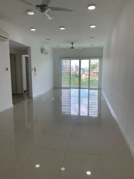 Living features: white painted walls, glossy porcelain tile flooring, recessed downlights, 5-blade ceiling fan, sliding glass door, floor-to-ceiling windows, city view, air conditioning unit; style: modern; view: city.