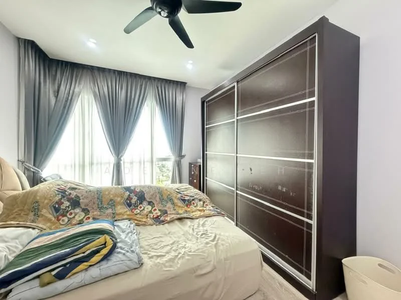 Bedroom features: king-size bed with bedding, upholstered headboard, built-in wardrobe with sliding doors, floor-to-ceiling windows, sheer curtains, dark grey curtains, ceiling fan, laminate flooring, decorative wall art; style: modern.