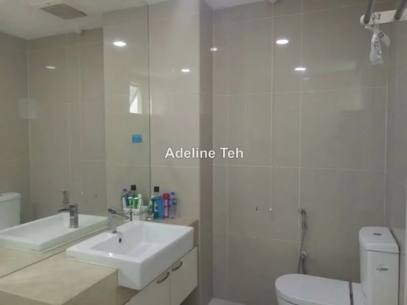 Bathroom features: light grey tiled walls, cream tiled flooring, single-bowl ceramic sink, chrome basin mixer faucet, framed mirror above sink, white one-piece toilet, bidet spray, wall-mounted storage cabinet, recessed lighting, window for natural light; style: modern.