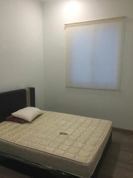 Bedroom features: queen-size bed, mattress without bedding, two pillows, light-colored walls, wooden flooring, window with sheer blinds, single window, no visible decor.