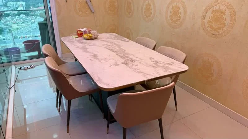 Dining features: marble dining table, 4 upholstered dining chairs, cream-colored upholstery, floor-to-ceiling windows, city view, decorative wall with embossed pattern, white tiled flooring, natural light; style: modern; view: city.