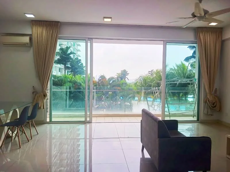 Living features: floor-to-ceiling windows, sliding glass door, cream painted walls, white ceiling, 5-blade ceiling fan, marble tile flooring, curtains, sofa, dining table with chairs, air conditioning unit; style: modern; view: pool.