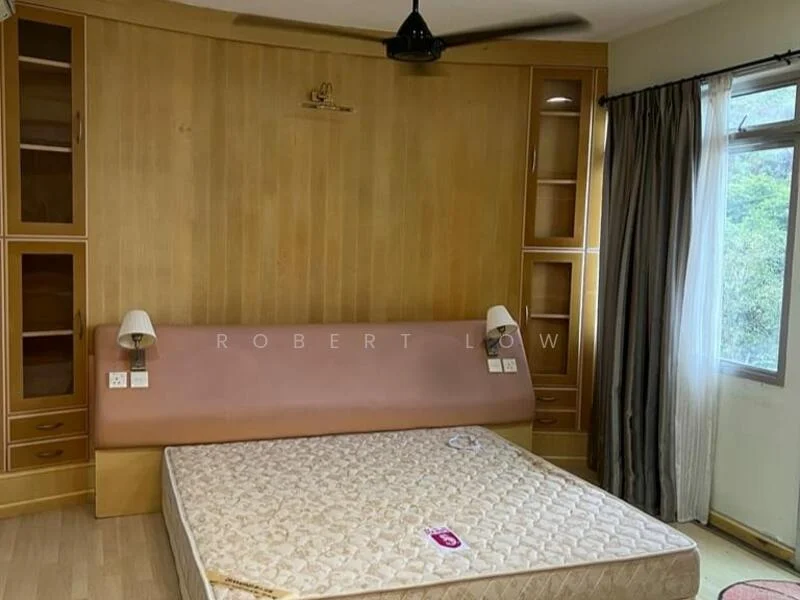 Bedroom features: wood paneling on walls, light wood cabinetry, upholstered headboard, bedside lamps, floor-to-ceiling window, curtains, ceiling fan, laminate flooring; style: minimalist; view: garden.