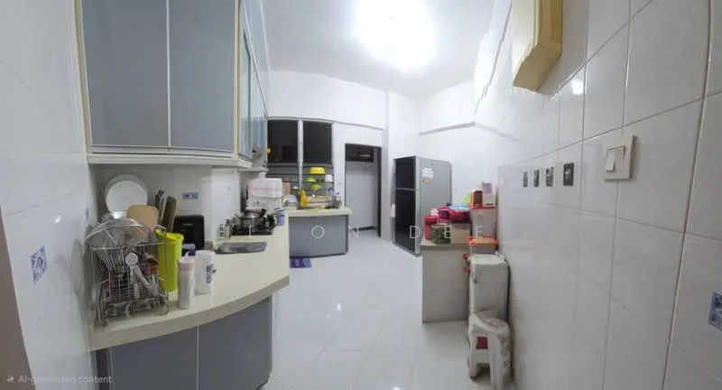 Kitchen features: white tiled walls, grey cabinetry, marble countertop, single-bowl stainless-steel sink, chrome pull-down faucet, built-in oven, freestanding fridge, ceramic tile flooring, recessed downlights, kitchen island, open shelving, microwave, decorative wall clock; style: modern.