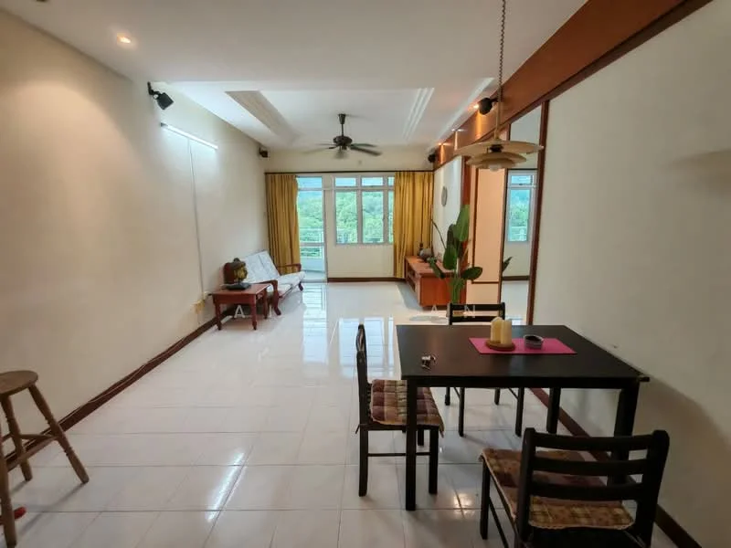 Living features: white painted walls, tray ceiling, recessed downlights, 5-blade ceiling fan, large windows with city view, sliding glass door, ceramic tile flooring, wooden dining table, 4 dining chairs, wooden stool, potted plant, sofa, curtains, decorative wall clock; style: modern; view: city.