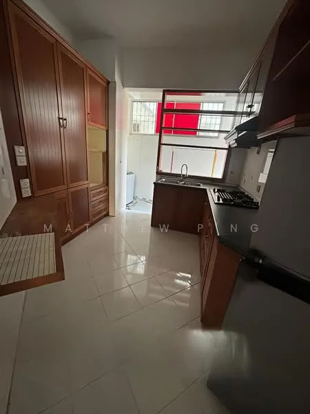 Kitchen features: wood cabinetry, white tiled backsplash, stainless-steel sink, chrome pull-down faucet, 4-burner gas hob, built-in oven, refrigerator, white marble flooring, window with natural light, countertop space, drawer storage, open shelving; style: modern.