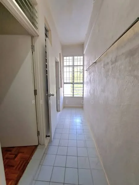 Hallway features: white painted walls, tile flooring, natural light from window, doorway to adjacent room, window with grid design, hanging rod for storage, light-colored ceiling, parquet wood flooring visible in adjacent room.