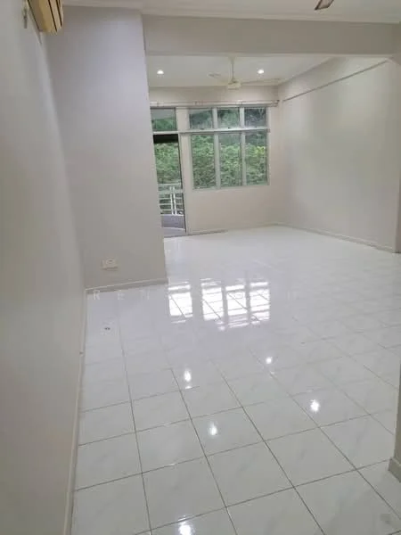 Room features: white painted walls, glossy white tile flooring, 5-blade ceiling fan, floor-to-ceiling windows, natural light from windows, view of greenery outside, no visible furniture, neutral color scheme; style: modern; view: garden.