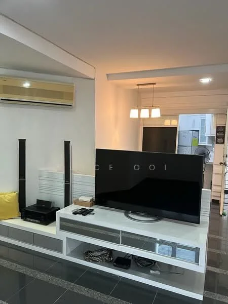 Living features: black flat-screen TV on white media console, white media console with storage drawers, 2 tall black speakers, yellow decorative pillow on sofa, recessed ceiling lights, 3 pendant lights above seating area, wall-mounted air conditioning unit, dark polished tile flooring, open layout to kitchen area; style: modern.
