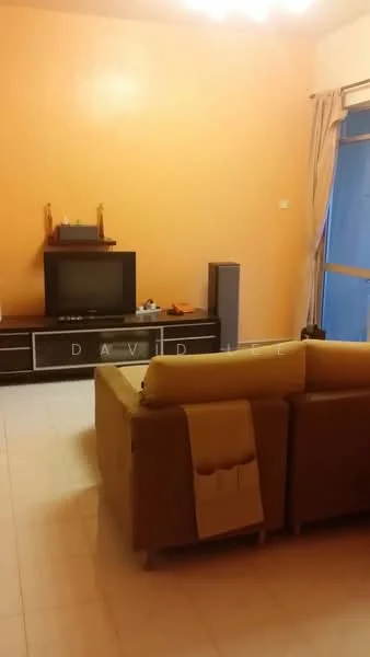 Living features: orange painted walls, light-colored tiled flooring, sofa in beige, TV console with storage, television, curtains, floor-to-ceiling windows, decorative items on console.