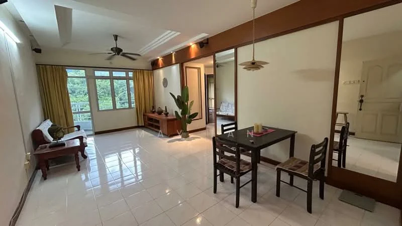 Living features: white painted walls, glossy white tile flooring, 5-blade ceiling fan with light, floor-to-ceiling windows, curtains in yellow, wooden dining table with 4 chairs, wooden side table, indoor plant, decorative wall mirror, recessed downlights; style: modern; view: garden.