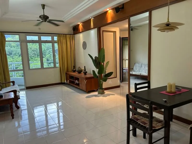 Living features: white painted walls, glossy white tile flooring, 5-blade ceiling fan, large windows with green view, curtains in yellow, wooden console table, decorative vases on console, indoor plant, dining table with chairs, recessed lighting; style: modern; view: garden.
