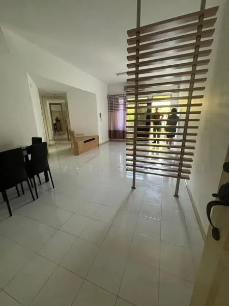Living features: white painted walls, glossy white tile flooring, wooden slatted partition, large windows with sheer curtains, dining table with black chairs, mirror on wall, natural light from windows, open layout; style: modern; view: garden.
